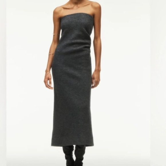 Zara Strapless Grey Midi Dress With Back Slit Women's Size Small S Faux Wool NWT - Picture 1 of 5